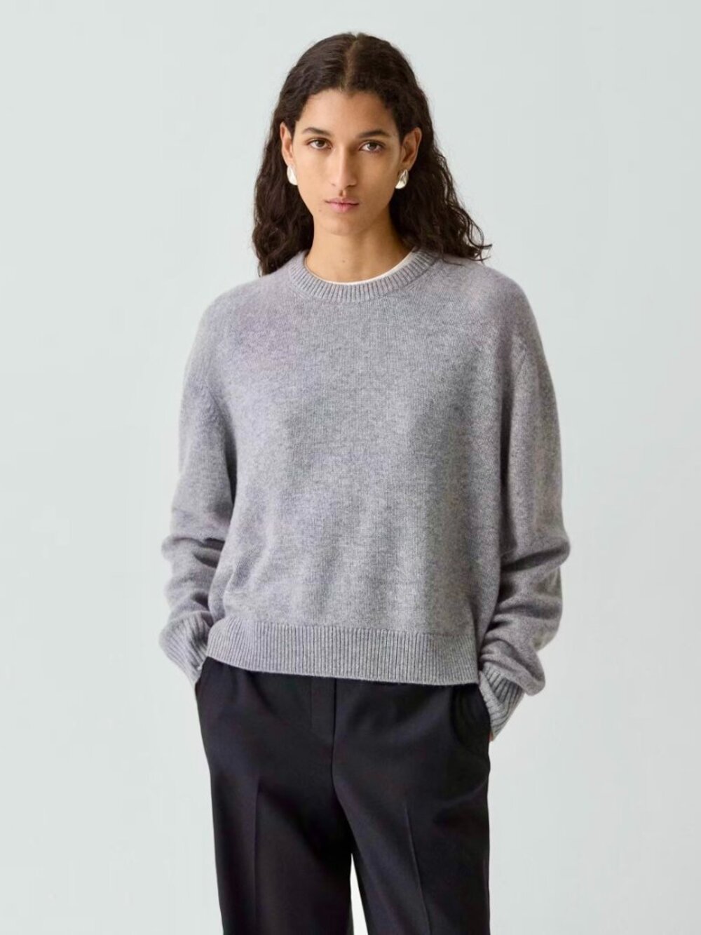 Tahari Cropped Crew Neck Sweater in Light Gray Alpaca Womens' XS NEW
